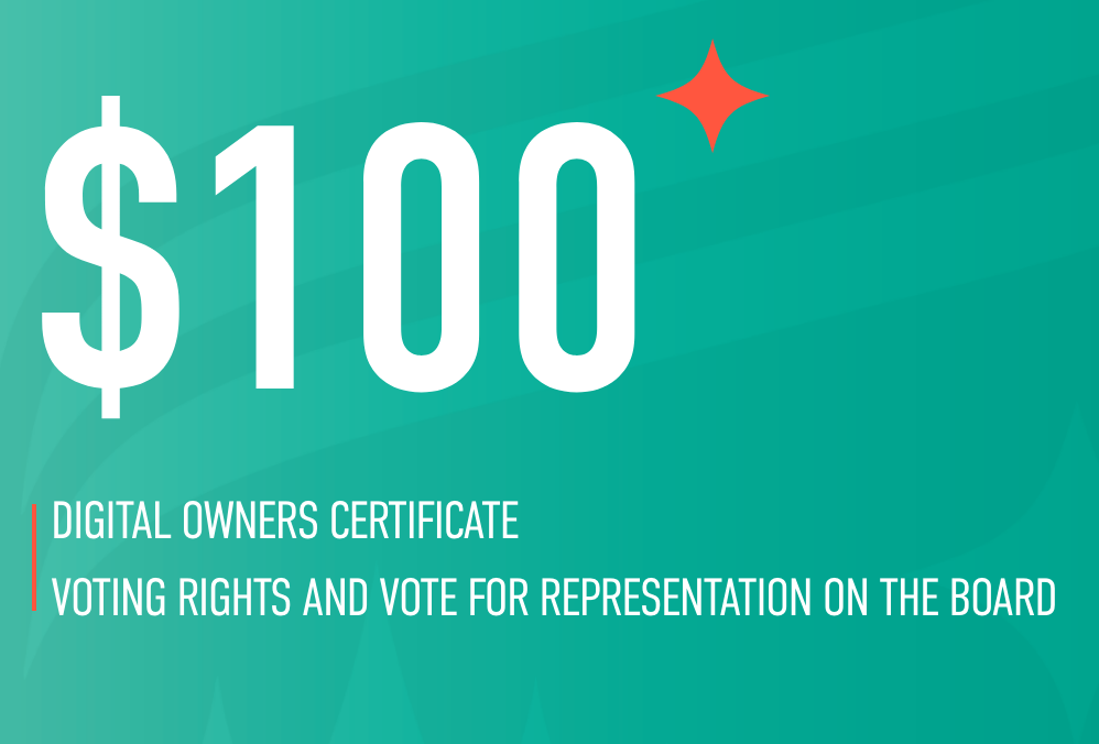 $100
Perks: digital owners certificate. voting rights and vote for representation on the board