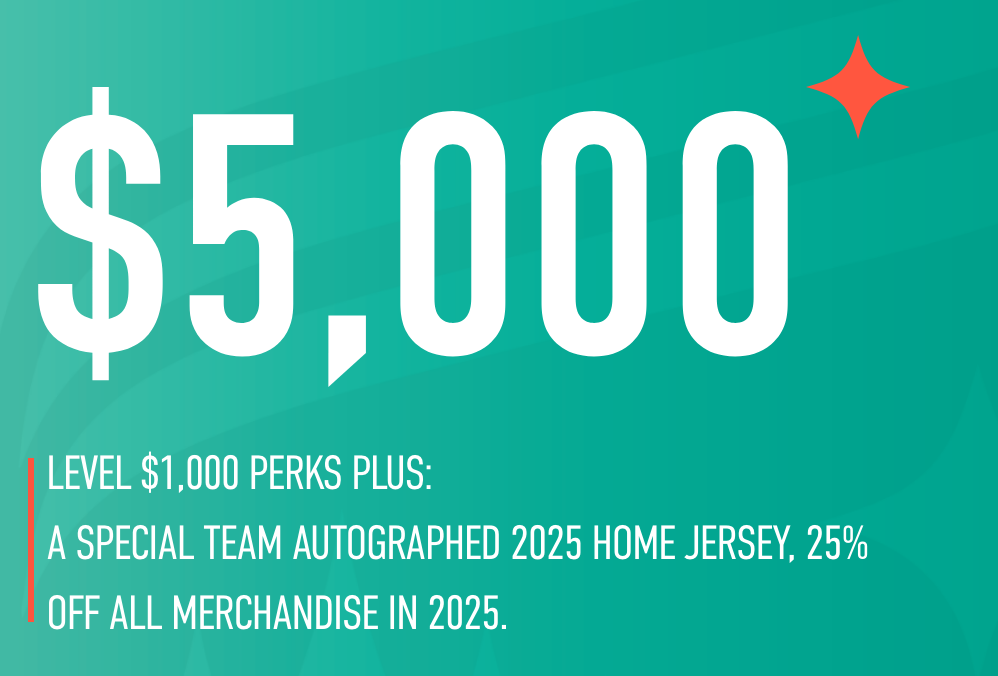 $5000
level 1,000 perks plus a special team autographed 2025 home jersey, 25% off all merchandise in 2025.